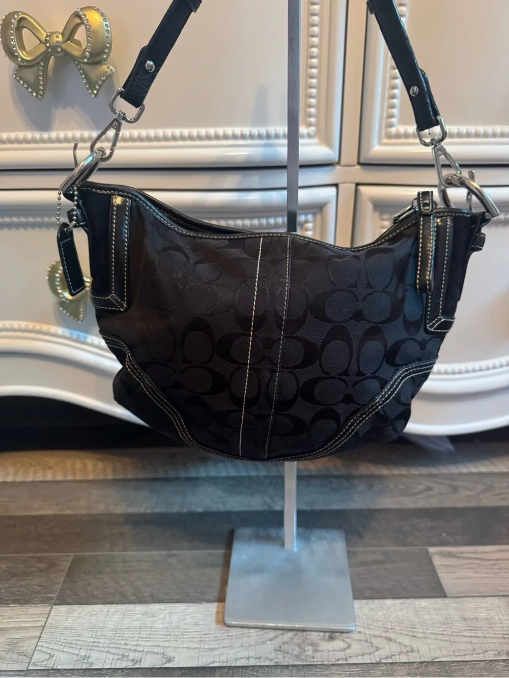 Coach Black Signature Jacquard Hobo with Beaded Charm